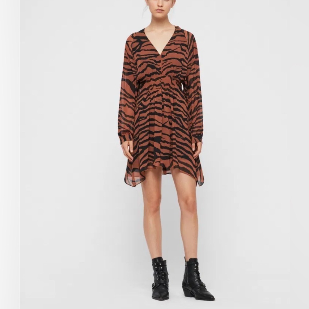 All Saints Brown Nicola Zephyr Zebra Print Dress US M